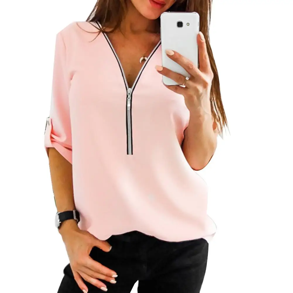 

Spring Autumn Women Casual Solid Color Long Sleeve Shirt Zipper Loose Blouse