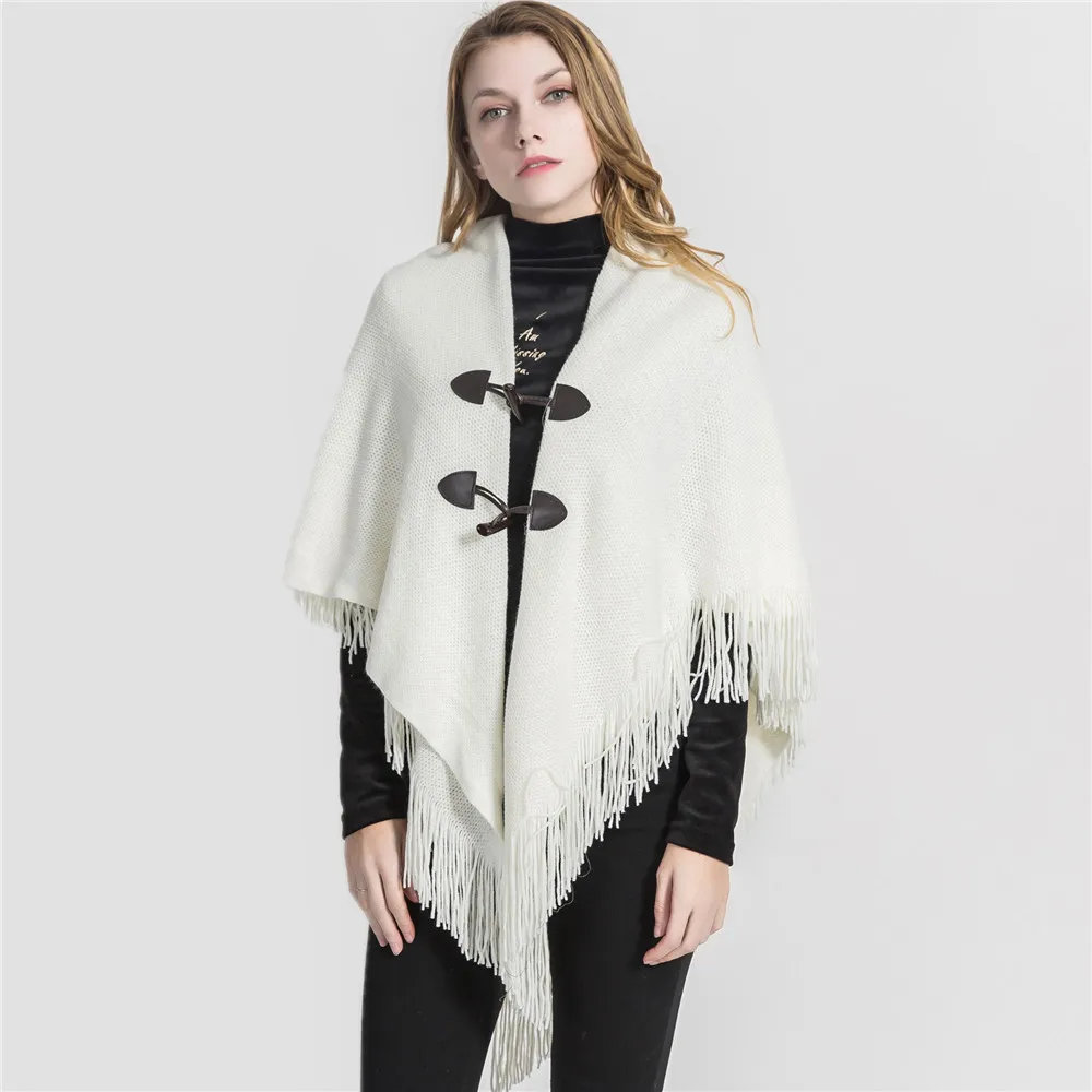 

New Women Loose Fitting Poncho Cape Shawl with Stylish Horn Buttons V Neckline Scarf Tassel Wrap Sweater Pullover Cardigan Coat