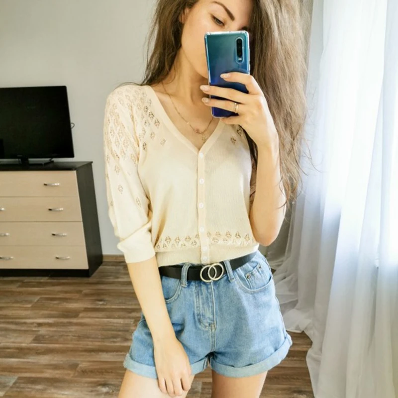 GCAROL новый летний весенний Шелковый короткий кардиган с v-образным вырезом и