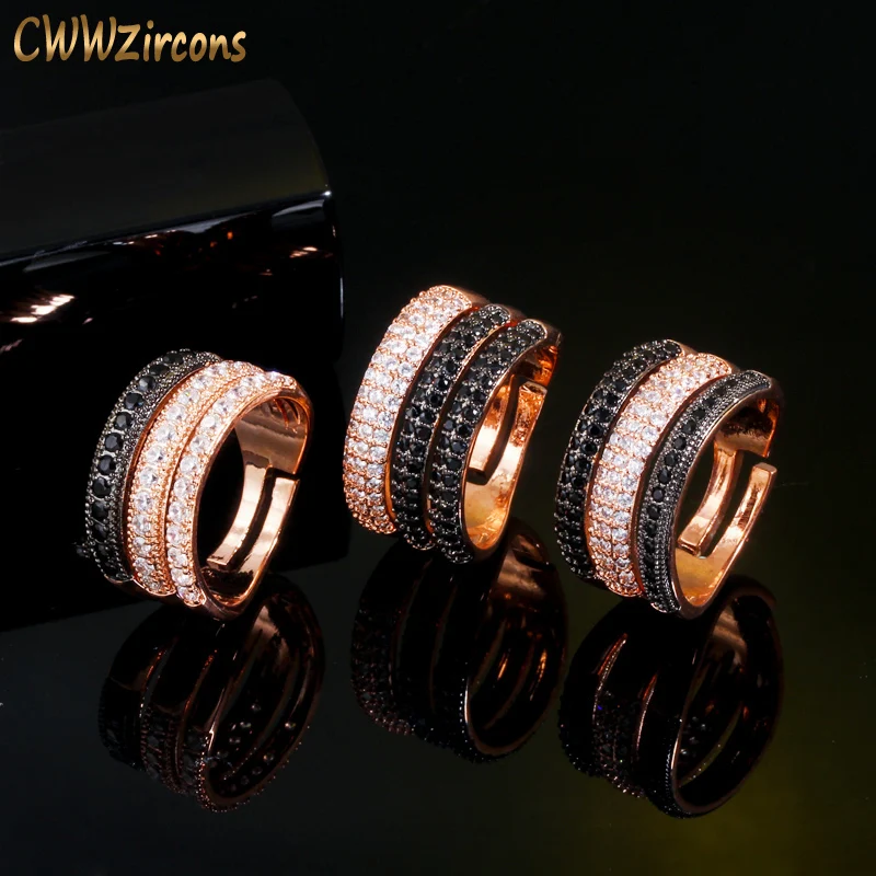 

CWWZircons регулируемый размер 3 слоя Черный Белый CZ камень 585 розовое золото цвет Открытые Кольца женские Свадебные обручальные украшения R165