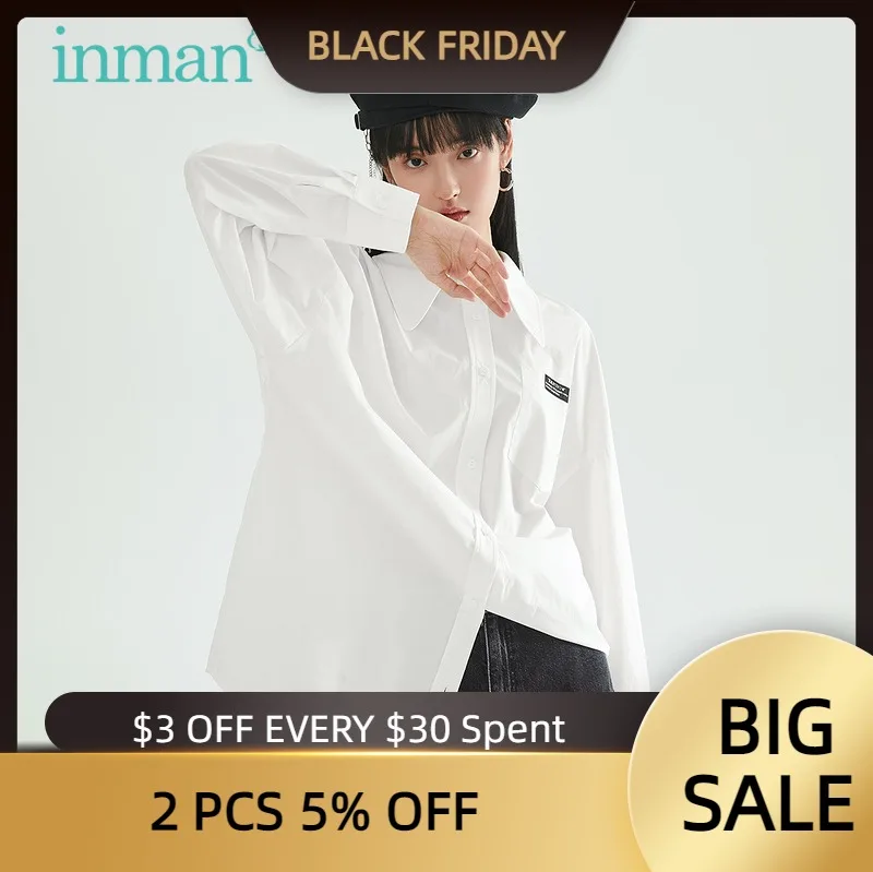 

INMAN Autumn Winter Pointed Collar Shirt Women Streetwear Causal Boyfriends Style Applique Pocket Long Sleeve White Blouse