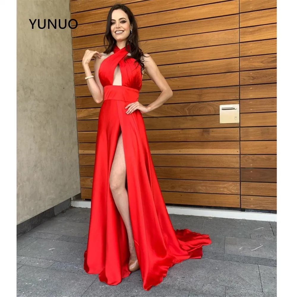 Женское атласное платье YUNUO A Line красное на выпускной вечерние платья с вырезом