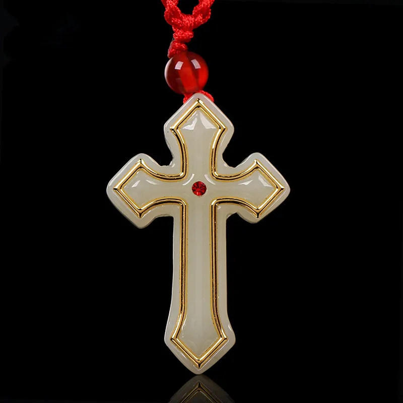 Натуральный жадеид нефрит Винтаж 24K желтый золотой крест подвеска ожерелье 39*25*5
