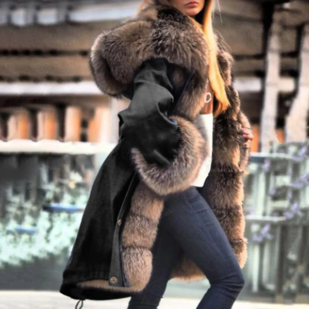 

2021 Fashion Luxury Big Fur Artificial Collar Solid Color Long Temperament Commuter Thick Coat Hooded Single-breasted Fur Coat