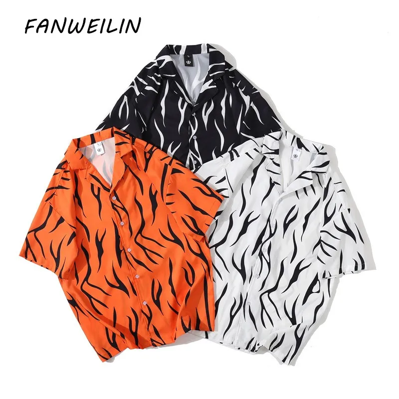 

Summer New Men Hawaiian Short Sleeve Shirt Mens Casual Tiger Striped Printed Beach Shirts Man Oversized Vintage Harajuku Shirts