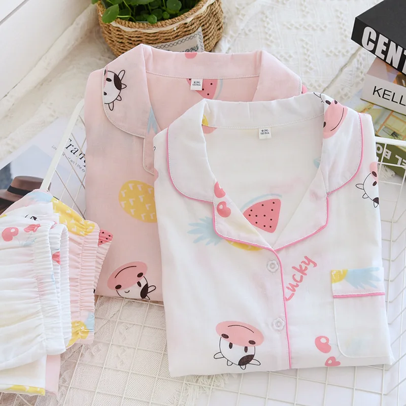 Japanese Spring and Summer Women's Pajamas Cotton Tulle Soft Pajamas Set Comfortable Long Sleeve Cardigan Women's Home Wear