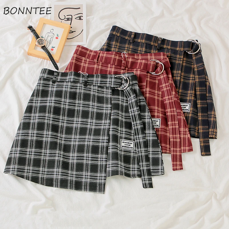 Женская клетчатая мини юбка трапециевидная Асимметричная Повседневная с