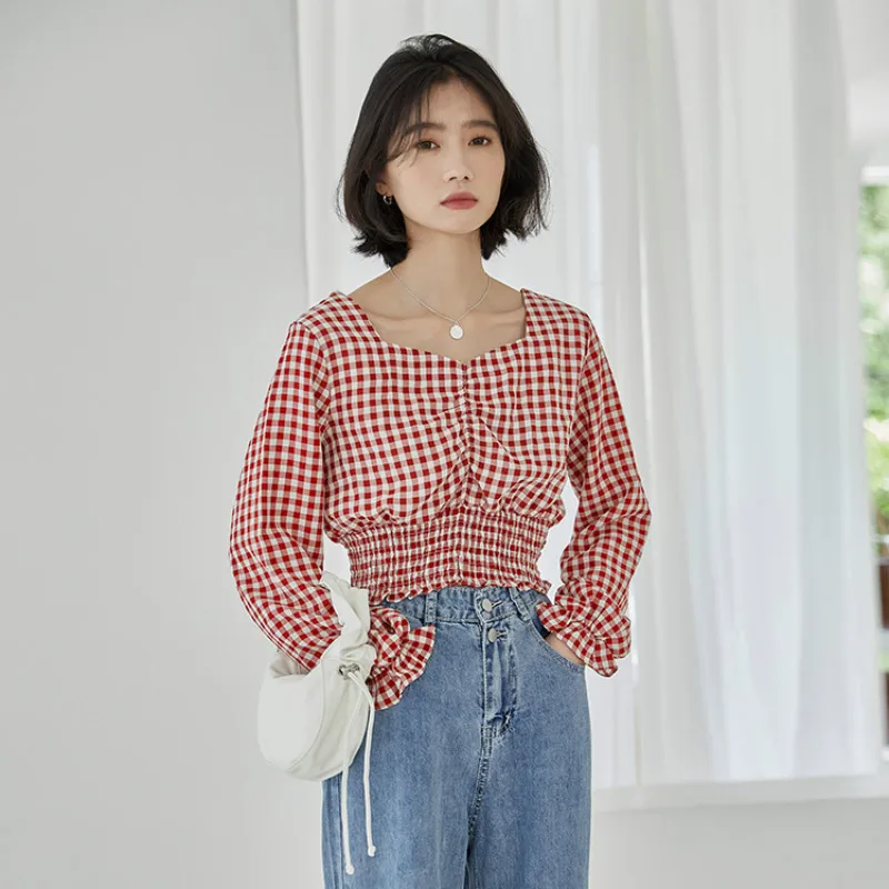 

Sweet Woman Vintage V Neck Plaid Long Sleeve Blouse Womens Autumn Slim Crop Tops Female Casual Cute Shirt