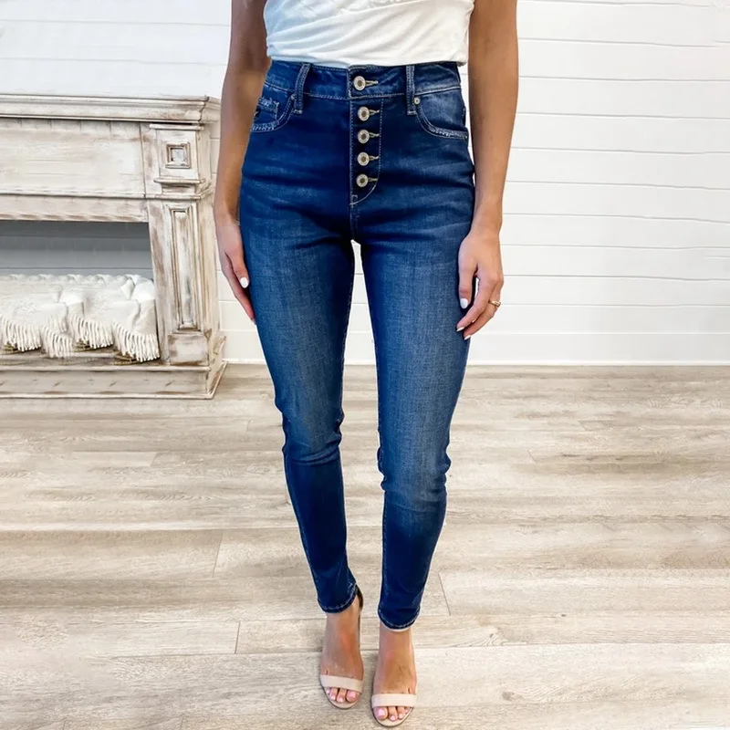 

2021 Vintage Skinny Four Buttons High Waist Pencil Jeans Women Slim Fit Stretch Denim Pants Full Length Denim Tight Trousers