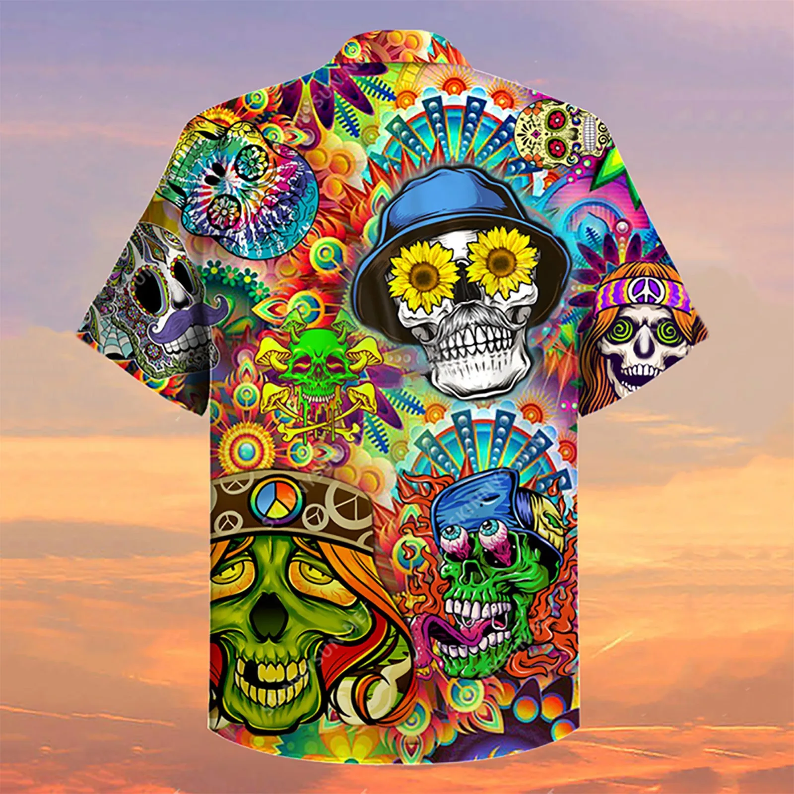 

Short Sleeve Shirt Men Summer Skull Loose Baggy Casual Hawaii Holiday Beach Shirt Print Tee Tops Buttons Blouse National Style