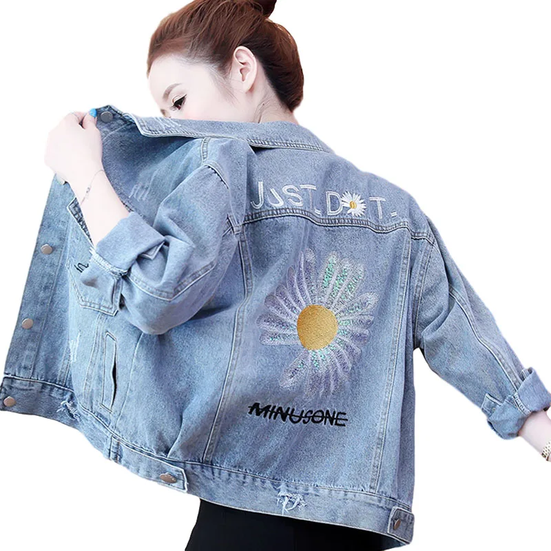 

Women Elegant Printed Denim Jacket Fashion Loose Spring New Female Autumn Ladies Coat Fairies All-match Slim Tide Tops OK819