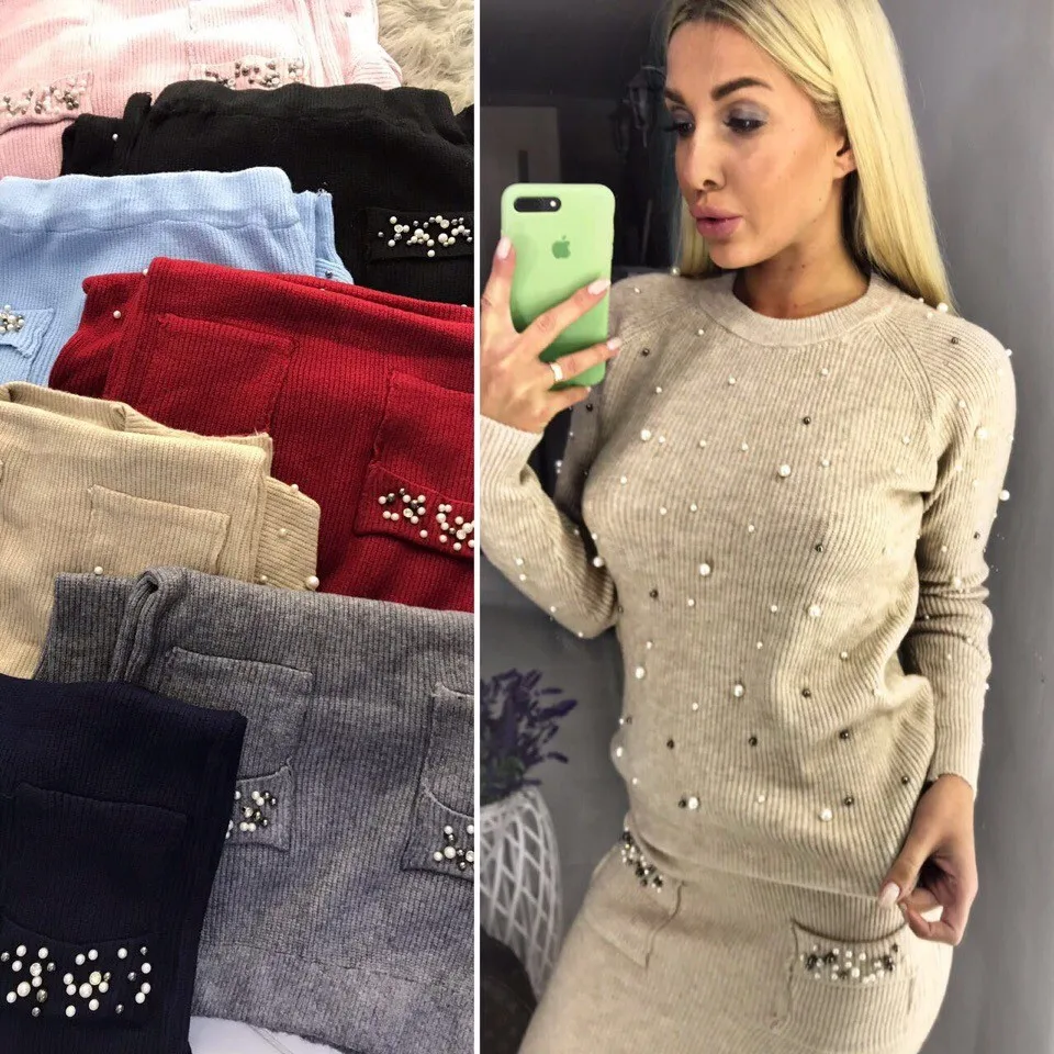 

Women Two Piece Warm Set O-Neck Pearl Beading Knitted Pullover Pencil Skirt Women Elegant 2 Piece Suits