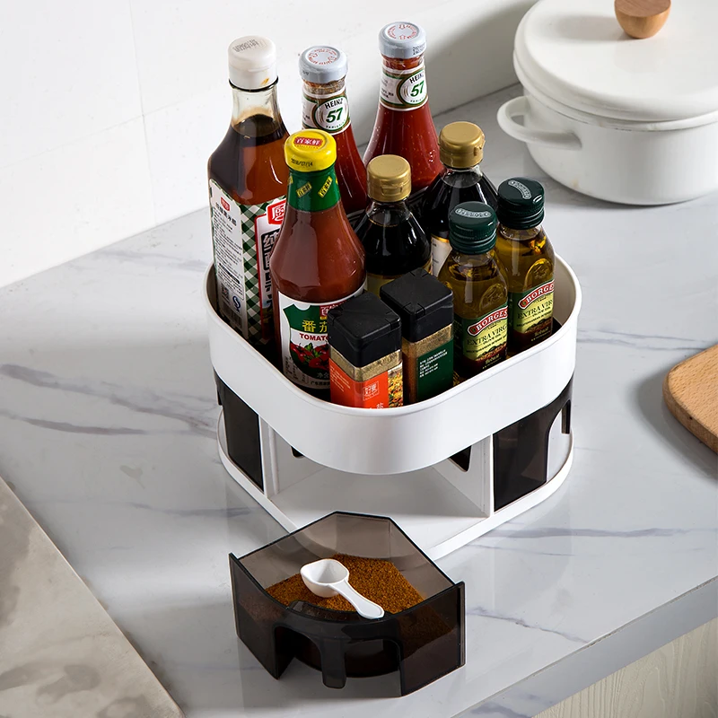

Kitchen Spice Rack Seasoning Box Jars For Spices Rotating Soy Sauce Shelf Household Kitchen Supplies Bathroom Storage Box