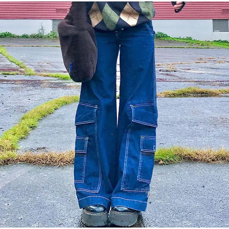 

2021 Skater Style Fashion Women Jeans Pants Y2k Streetwear Teen 90s Jeans Multi- Pocket Wide Legs Flared High Waist Trousers