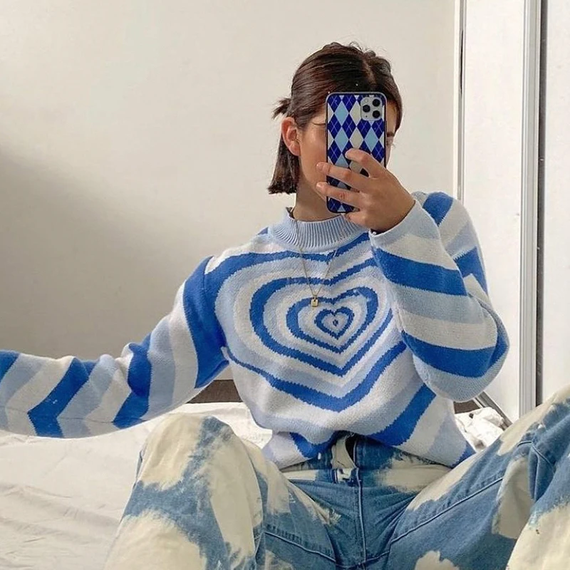 Y2K Sweater Turtleneck Aesthetics Heart Printed Casual Colorful Soft Knitted Turtleneck Pullovers Long Sleeve Knitwear Crop Tops