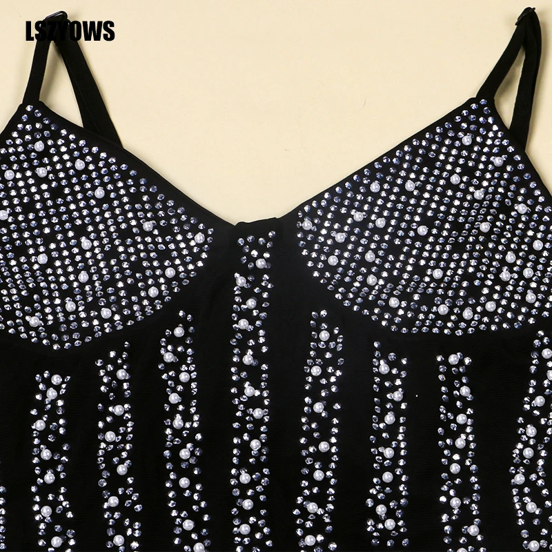 

Sexy Rhinestone Pearls Sheer Mesh Dress Women Spaghetti Strap Backless Night Club Party Dress Elegant Black Bodycon Mini Dresses