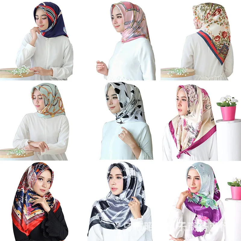 Модный хиджаб шарф для женщин шелковые атласные шарфы волос с принтом платок 90*90