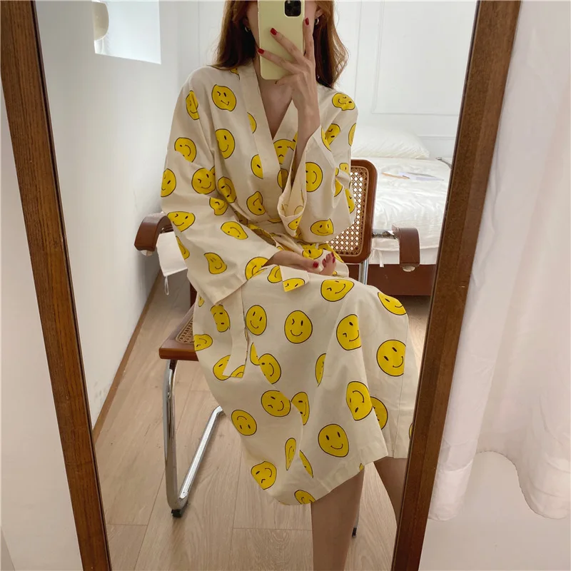 Женская Хлопковая пижама со смайликом халат для душа спа ночной банный ночная