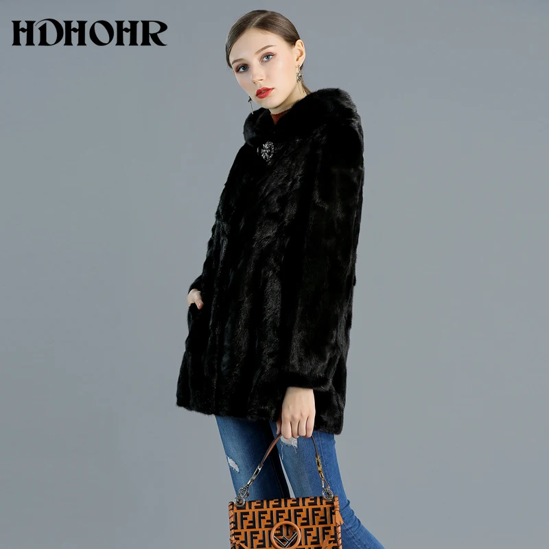 HDHOHR Высококачественная шуба из натурального меха норки Женское пальто с капюшоном из натурального меха норки теплые модные толстые куртки из меха норки зимние