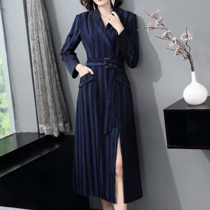 

2020 Fall New V-Neck Long Sleeve Print Stripe Long Sleeve Double Breasted Slim Temperament Mid-Length Dress High Quality