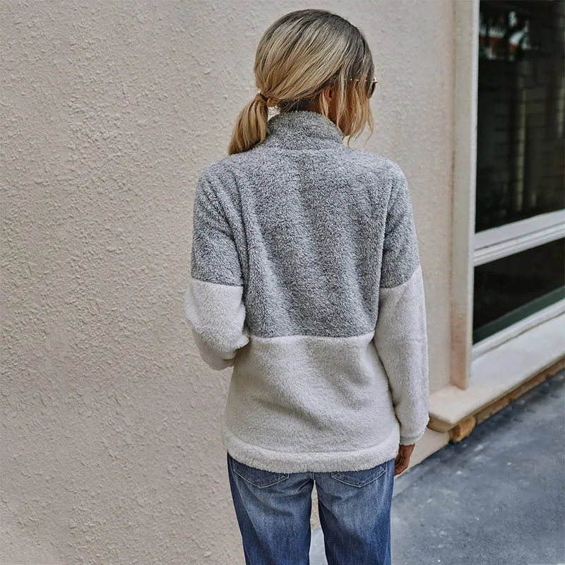 

Plus Size Plush Sweatershirt for Women Pocket Zipper Lapel Long-Sleeved Pullover Tops Warm Patchwork Fashion Jumper Clothes