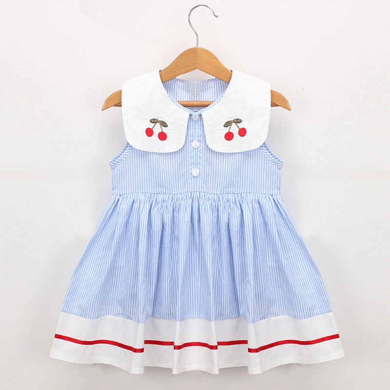 

2021 New Summer Girls' Dress Cute Doll Collar Sleeveless Fruit Stripe Princess Dress Cute Children Baby Kids Clothing For Girls