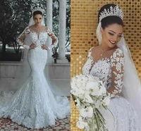 luxury lace princess mermaid wedding dresses sheer neck illusion long sleeves appliques country bridal dress vestido de noiva