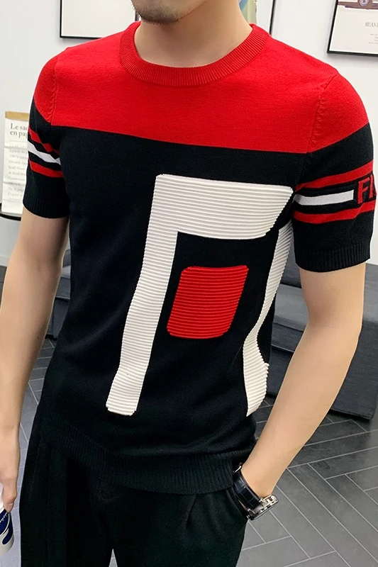 

Short Sleeve Summer Dress for Men Knitting T-Shirt Jacquard Tee High Quality Knitted Streetwear Round Sleeve T-Shirt Men's T-Shi