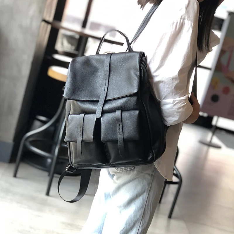 Backpack Women Genuine Leather Travel Bag Cowhide Casual Work Bag Teenage College Bags Large Capacity Unisex High Quality Black