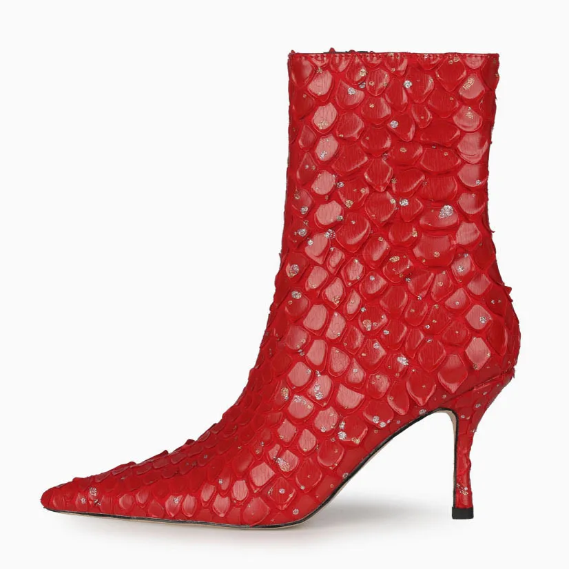 

Women 2021 Spring Mid-calf Boots Sexy Blingbling Transparent Flake Pointed Toe Boots Lady Thin High Heels Boots Big size 35-45