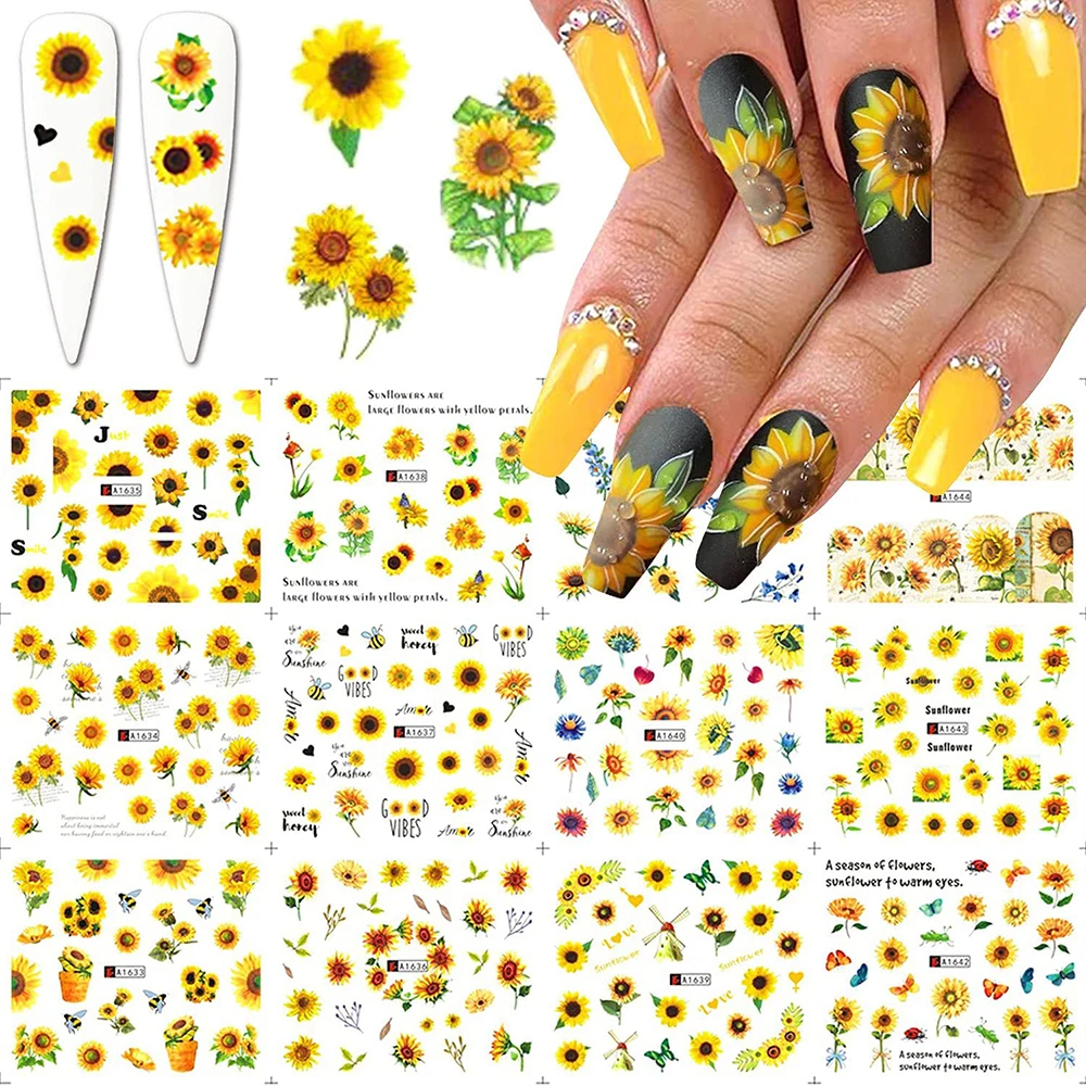 

12pcs Sunflower Nail Stickers Blossom Florals Nail Art Water Decals Transfer Foils Sliders Decorations For Manicure Nail Decor