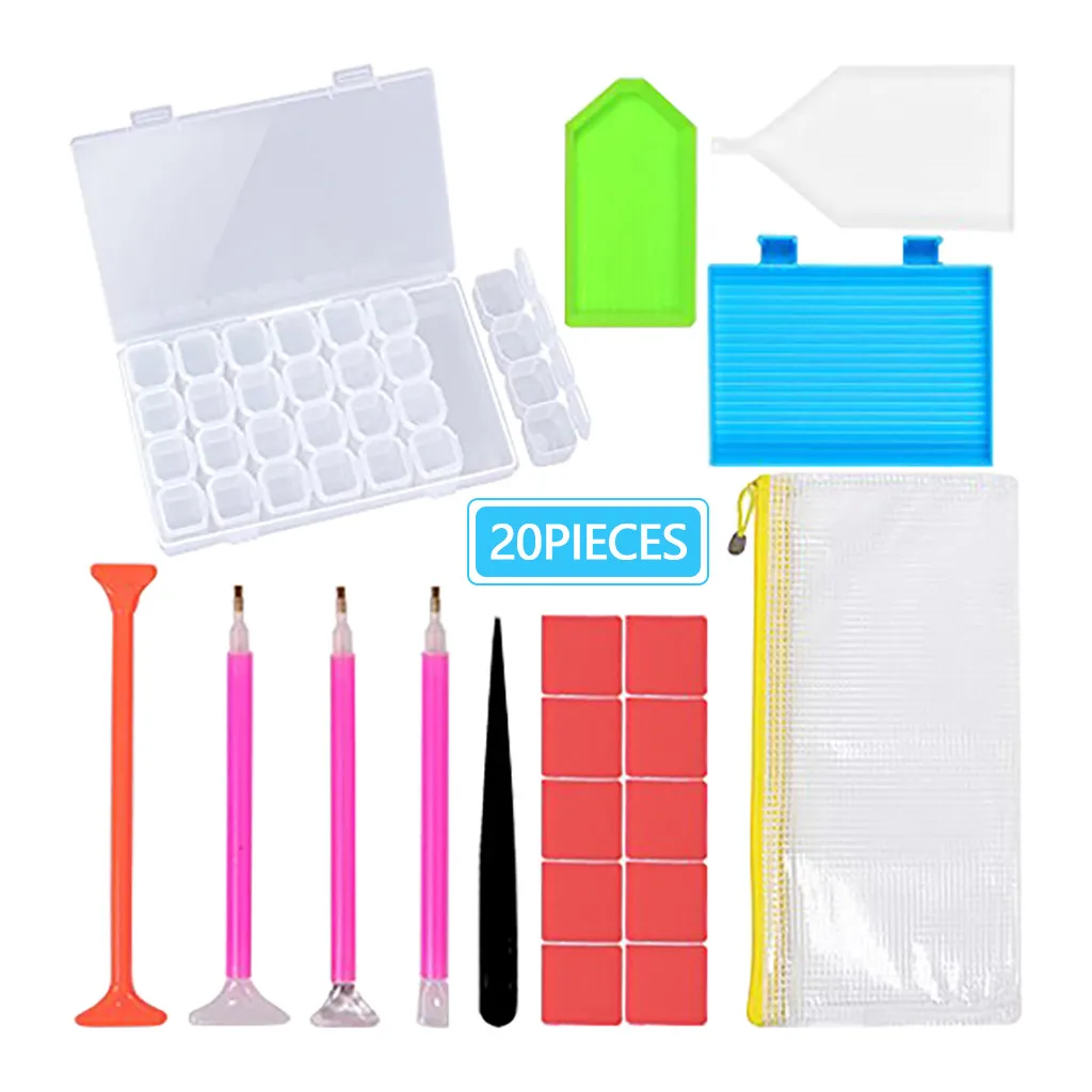 20PC Diamond Painting DIY Tool point tweezer diamonds sticky pen 28 slots storage box clay plastic plate transparent tool bag | Дом и сад