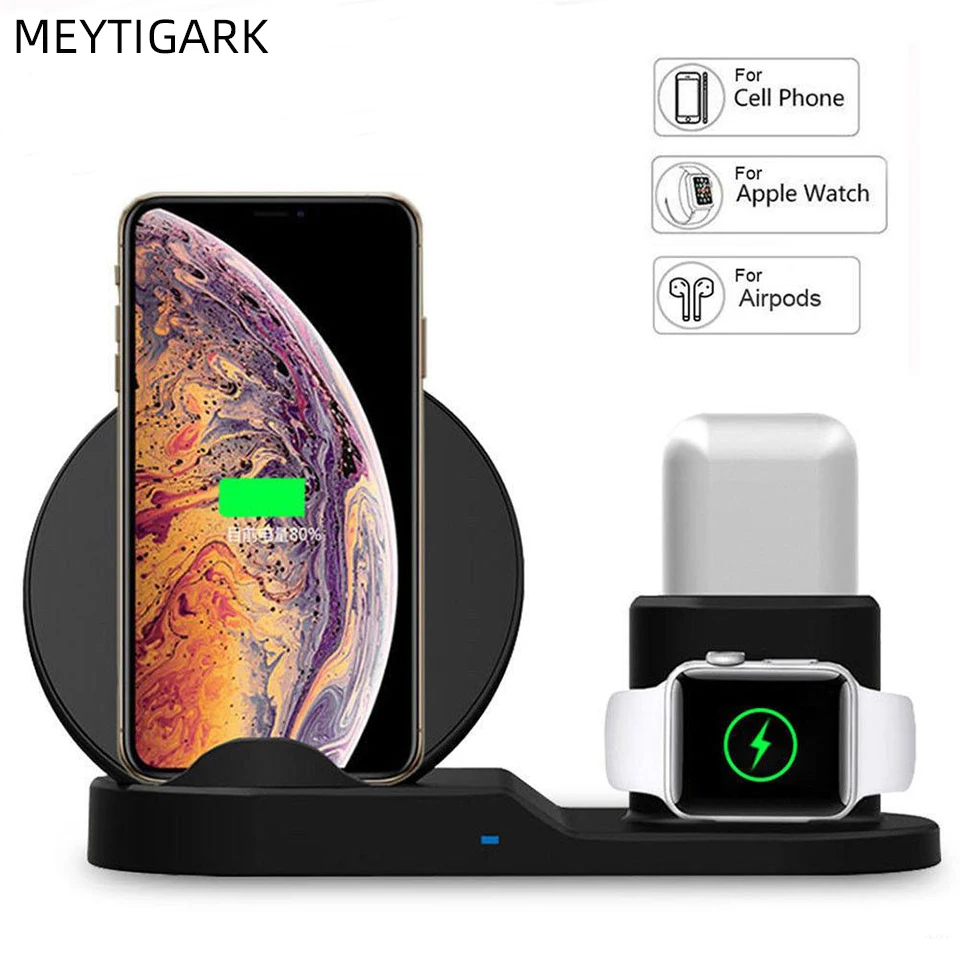 10 Вт 3 в 1 Qi Беспроводное зарядное устройство для iPhone XR XS Apple Watch 2 4 мобильного