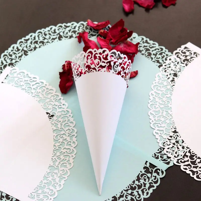 

50pcs Laser Cut Vine Lace Laying Petal Candy Wedding Party Favors Confetti Cones Paper Cone Decoration Supplies Gifts