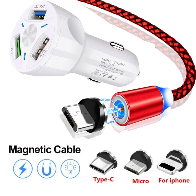 Магнитный светодиодный кабель Micro USB Type C для iPhone 11 XS XR Xiaomi 8 9 SE 9T Pro A2 A3 Lite F1 MAX 3 QC 0