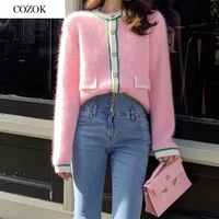 2021autumn winter korean casual pink v neck knitted cardigan sweaters women long sleeve single breasted high quality sweaters