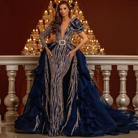 royal blue beading mermaid prom dresses with detachable train v neck crystal overskirt evening party dress pageant wear
