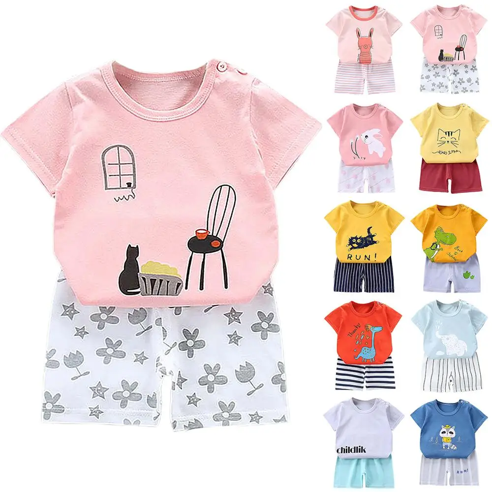 

Cartoon Printed Children Summer Outfits Kids Short Sleeve T Shirts and Striped Trousers