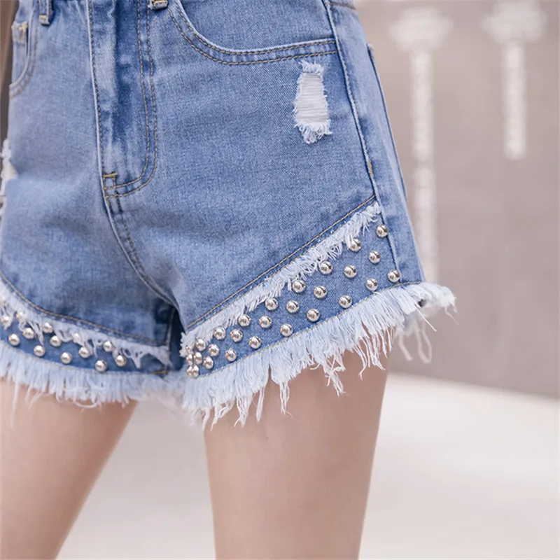 

Vintage Denim Shorts Women Summer Fashion Order Beads Tassel Jeans Shorts Female INS Tide High waist Loose Wide leg Pants Jeans