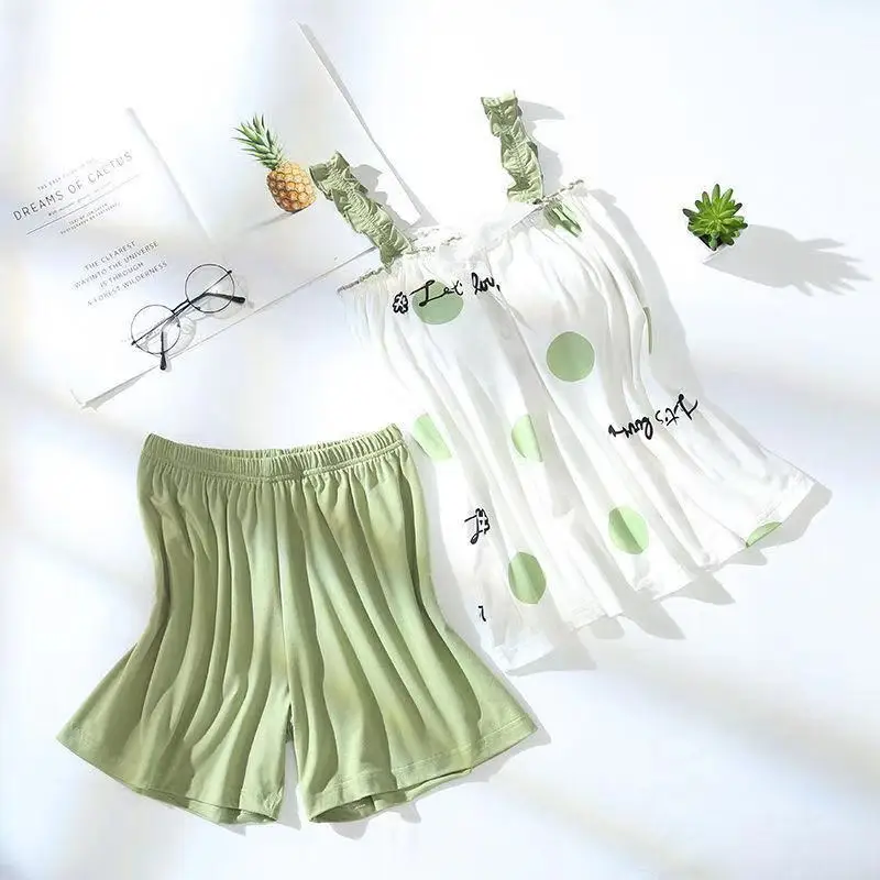 Pajamas Female Summer Sling Three Sets with Chest Pad Knitted Cotton Suit Large Size Fat 200 Pounds Polyester and Cottonhomewear