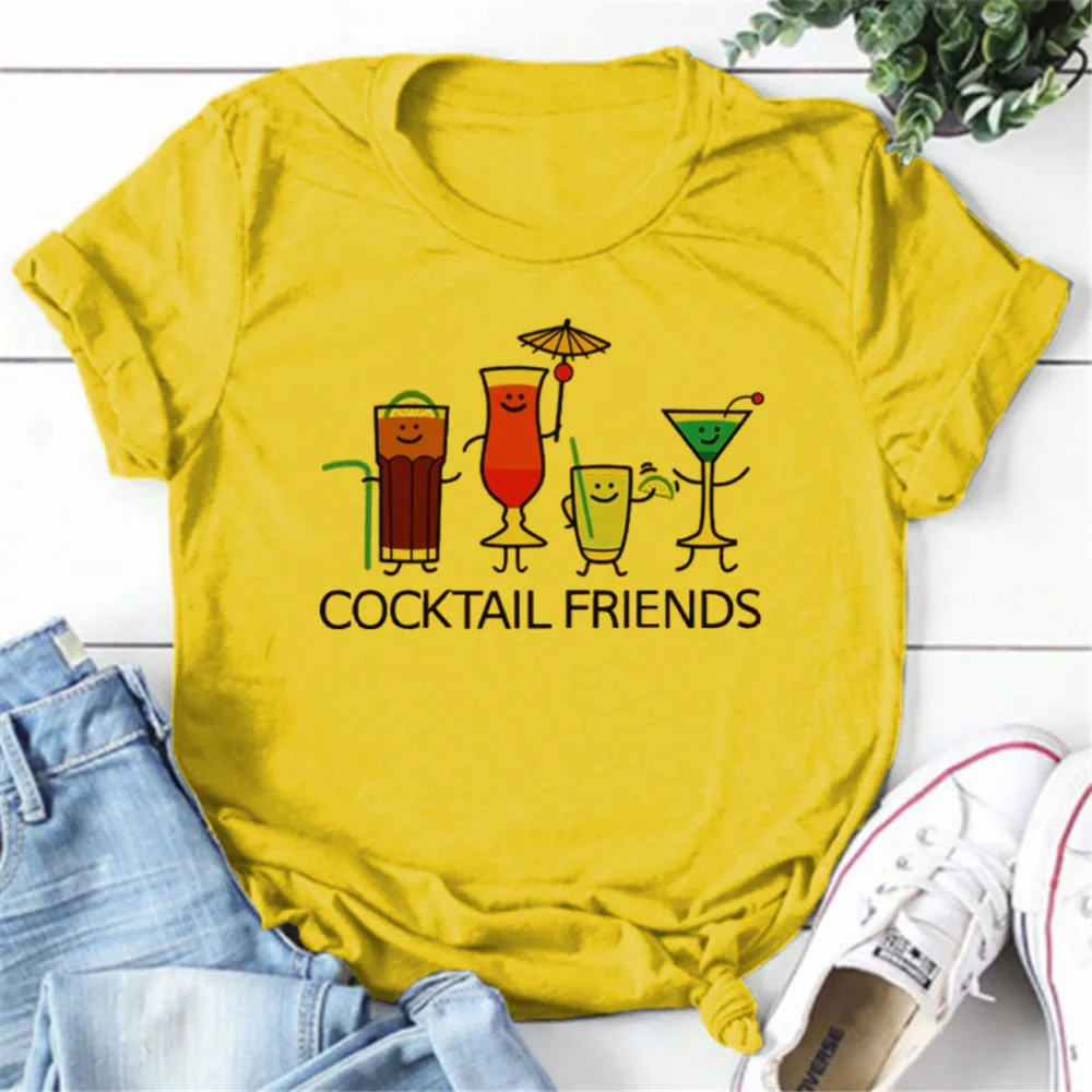 Women Cocktail Friends Print T-shirt O Neck Short Sleeve Tee Funny Graphic Ladies Tops Casual Loose Tshirt