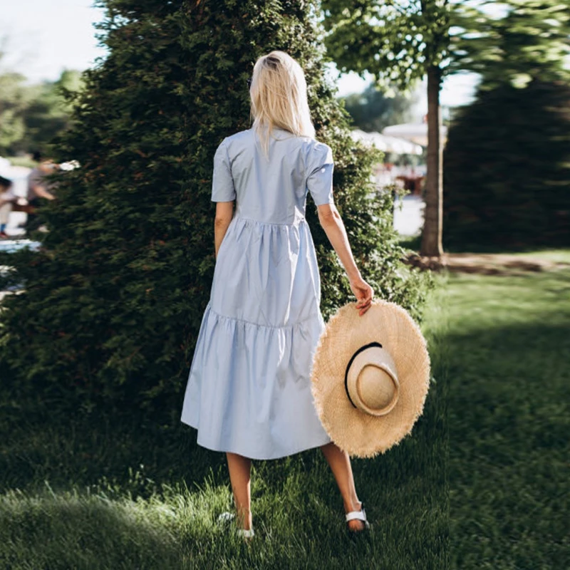 

Casual Short Sleeve Cotton Dress Woman Turn-down Collar Loose Waist Long Dress Office and Room 2021 New Summer Holiday
