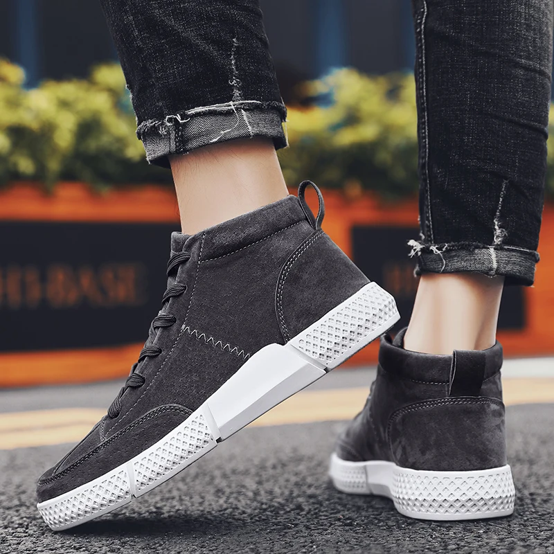 

Кеды мужские с высоким верхом, Вулканизированная плоская подошва, на шнуровке, кроссовки для скейтборда, прогулочная обувь, черные, серые, в...