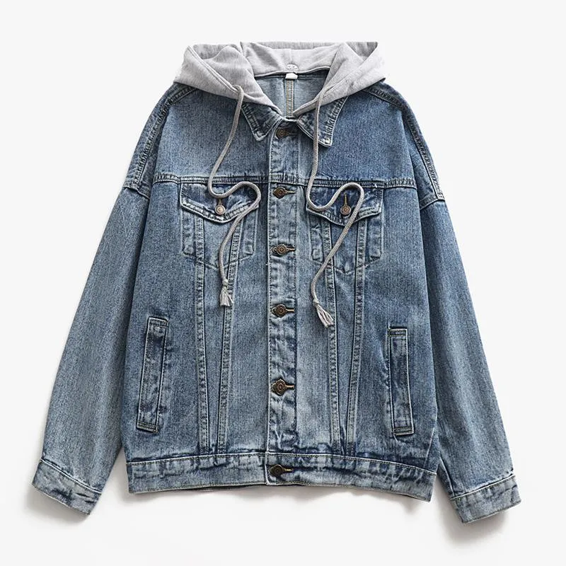 Повседневная ВИНТАЖНАЯ ДЖИНСОВАЯ КУРТКА на пуговицах со съемным капюшоном