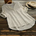 Женская блузка в полоску, из хлопка и льна, с рукавами размера плюс и V-образным вырезом, 34