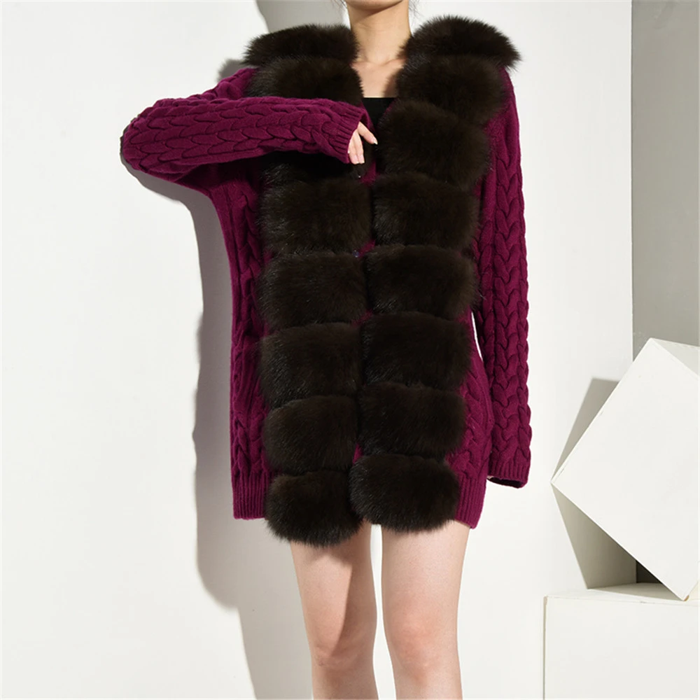 Модное пурпурное вязаное пальто TOPFUR с воротником из лисьего меха натурального
