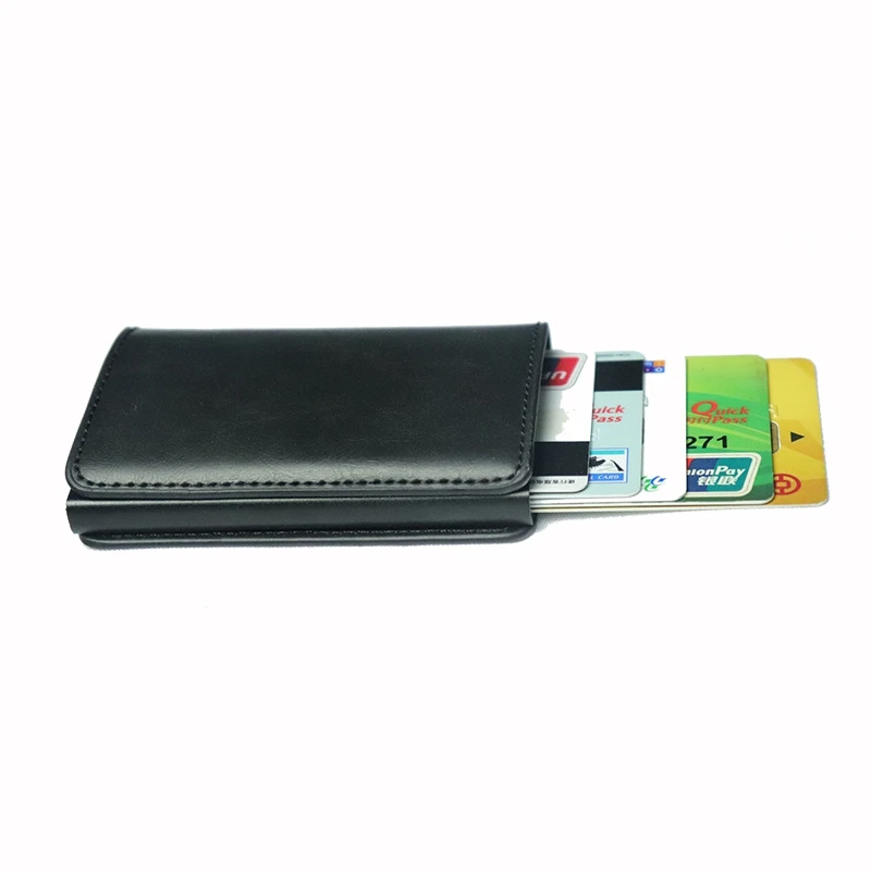 RFID Blocking Credit Card Holder Genuine Leather Men ID Card holder Mini Wallet Vintage Metal Automatic Anti-theft Card Wallet