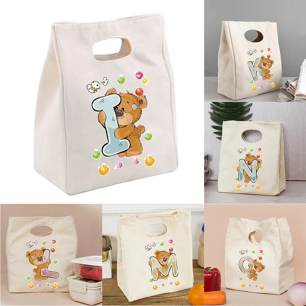 

Women's Bag for Lunch Diner Container Bento Bowl Pouch Picnic Lunchbox Foldable Bear 26 Letters Tote Food Storage Handbag