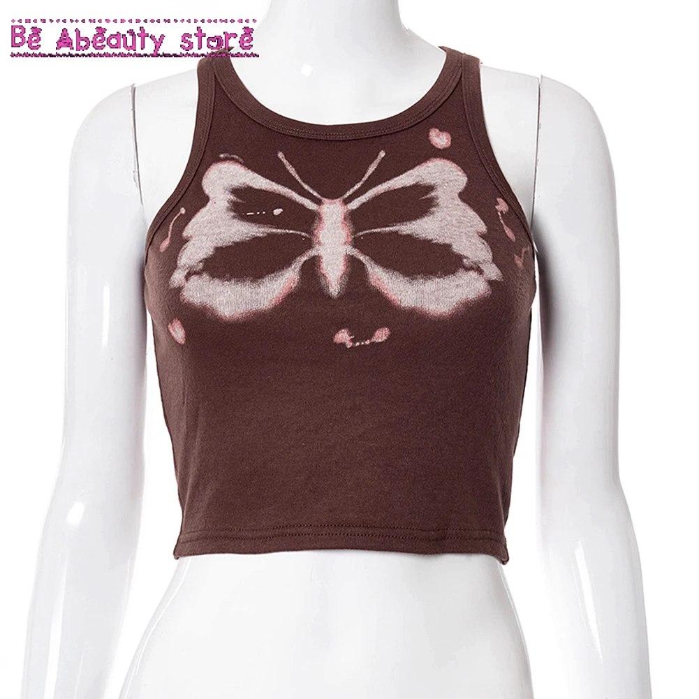 

Женские эстетичные укороченные топы Y2K с принтом бабочек, уличная одежда, модные женские топы без рукавов с круглым вырезом в стиле 90-х