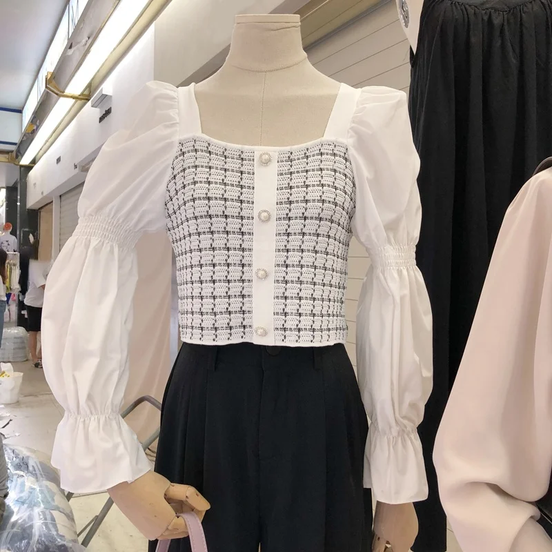 

Cropped Tops Square Collar Women Puff Sleeve Patchwork Knitted Sweater Thin Slim Fashion Buttons Girl Sweet White Pullover Tops